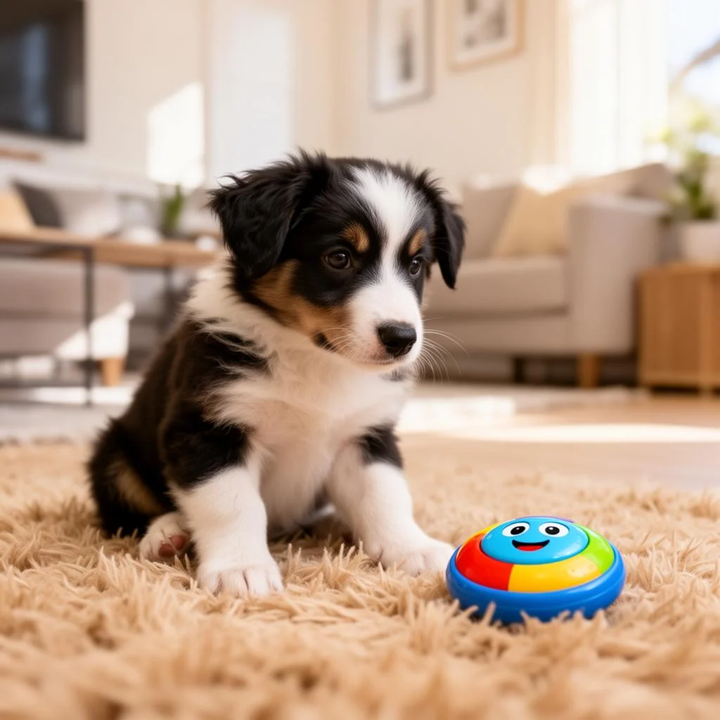 Puppy looking at button